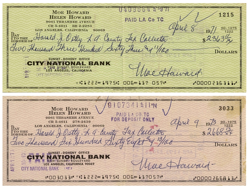 Moe Howard Lot of Two Checks Signed, Both Made Out to the LA County Tax Collector -- Dated 8 April 1971 and 9 April 1973 -- Both Measure 8.25'' x 3'' -- Very Good Condition